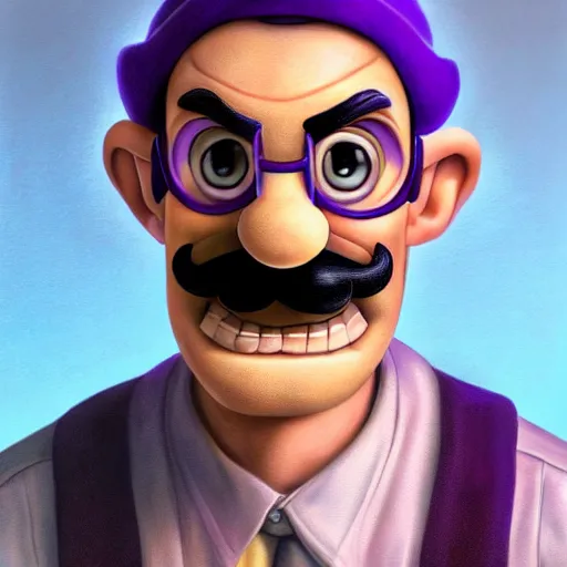 Image similar to Waluigi in real life, realistic, very realistic, hyperrealistic, highly detailed, very detailed, extremely detailed, detailed, digital art, oil painting, trending on artstation, headshot and bodyshot, detailed face, very detailed face, extremely detailed face, HD Quality, 8k resolution