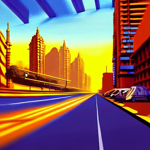 Image similar to mumbai in the future, city streets, golden hour, perspective artwork, photorealism