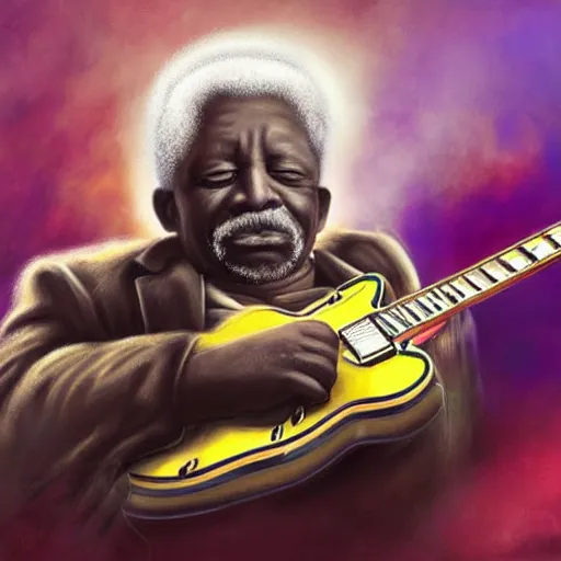 Prompt: b. b king, sitting in a fluffy cloud, playing an electric semi - hollow guitar. beautiful realistic digital art, dramatic, moody