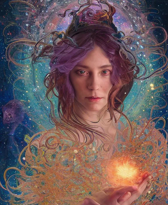 Image similar to a trading - card of a wizard surrounded by a whirlwind of magical particles ushing inside the metaverse, half body, fantasy, intricate, elegant, highly detailed, colorful, vivid color, digital painting, artstation, concept art, art by artgerm and greg rutkowski and alphonse mucha and ruan jia