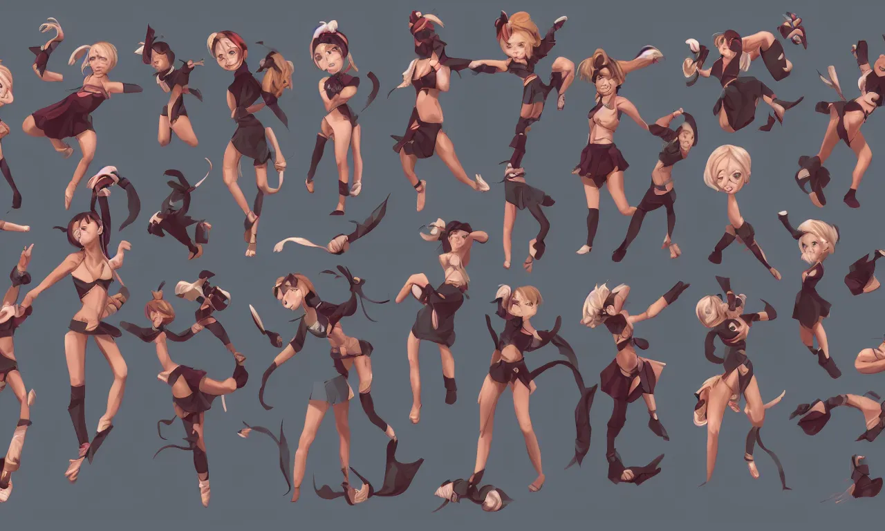 Prompt: game asset sheet, material study, 2 d sprite, chibi ninja cheerleaders, hyper realistic surreal