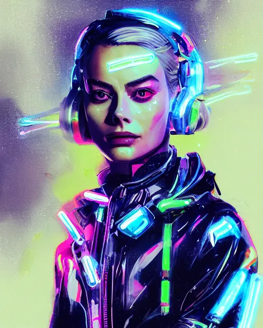 Image similar to detailed margot robbie portrait neon operator girl cyberpunk futuristic neon reflective puffy coat, decorated with traditional japanese ornaments by ismail inceoglu dragan bibin hans thoma greg rutkowski alexandros pyromallis nekro rene margitte illustrated perfect face, fine details, realistic shaded, fine - face, pretty face