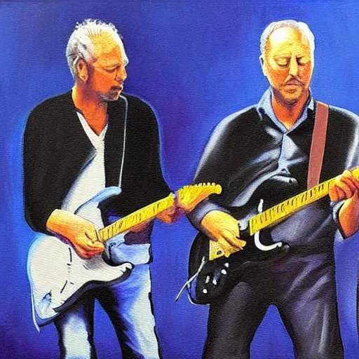 Prompt: “David Gilmour, Eric Clapton, Mark Knopfler and BB King playing guitar together, oil painting, 4k”