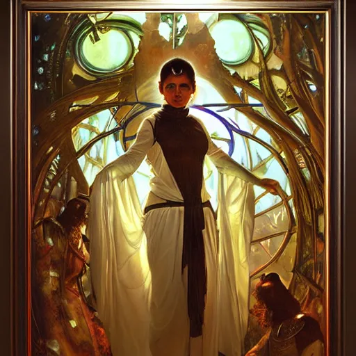 Prompt: an acrylic on canvas portrait of Princess Leia Shaman Lightworker Alchemist Druid, Mystery, Love, wholeness, rooted lineage, web of life, open eye freedom by Greg Rutkowski, Artgerm and Alphonse Mucha. Epic fantasy art.