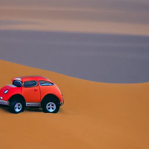 Image similar to a ladybug car driving through the sahara desert, bold natural colors, national geographic photography, masterpiece, full shot