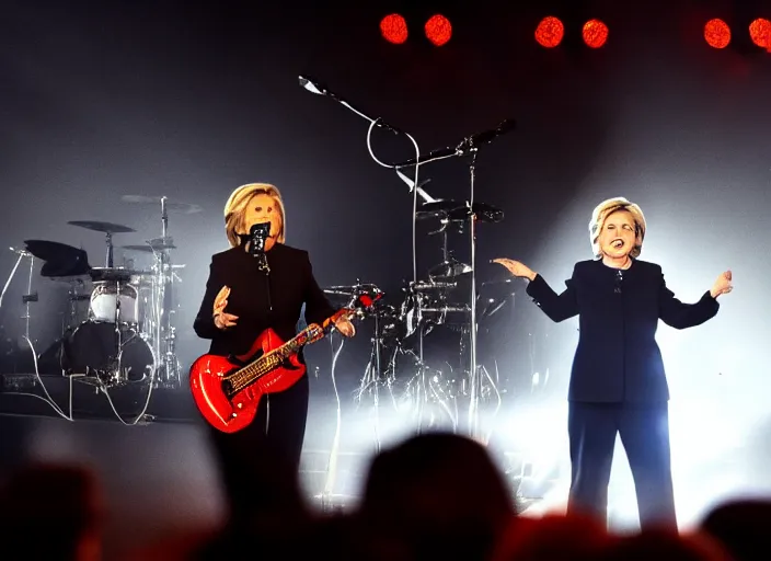 Image similar to publicity photo still of hillary clinton in a death metal band playing live on stage, 8 k, live concert lighting, mid shot