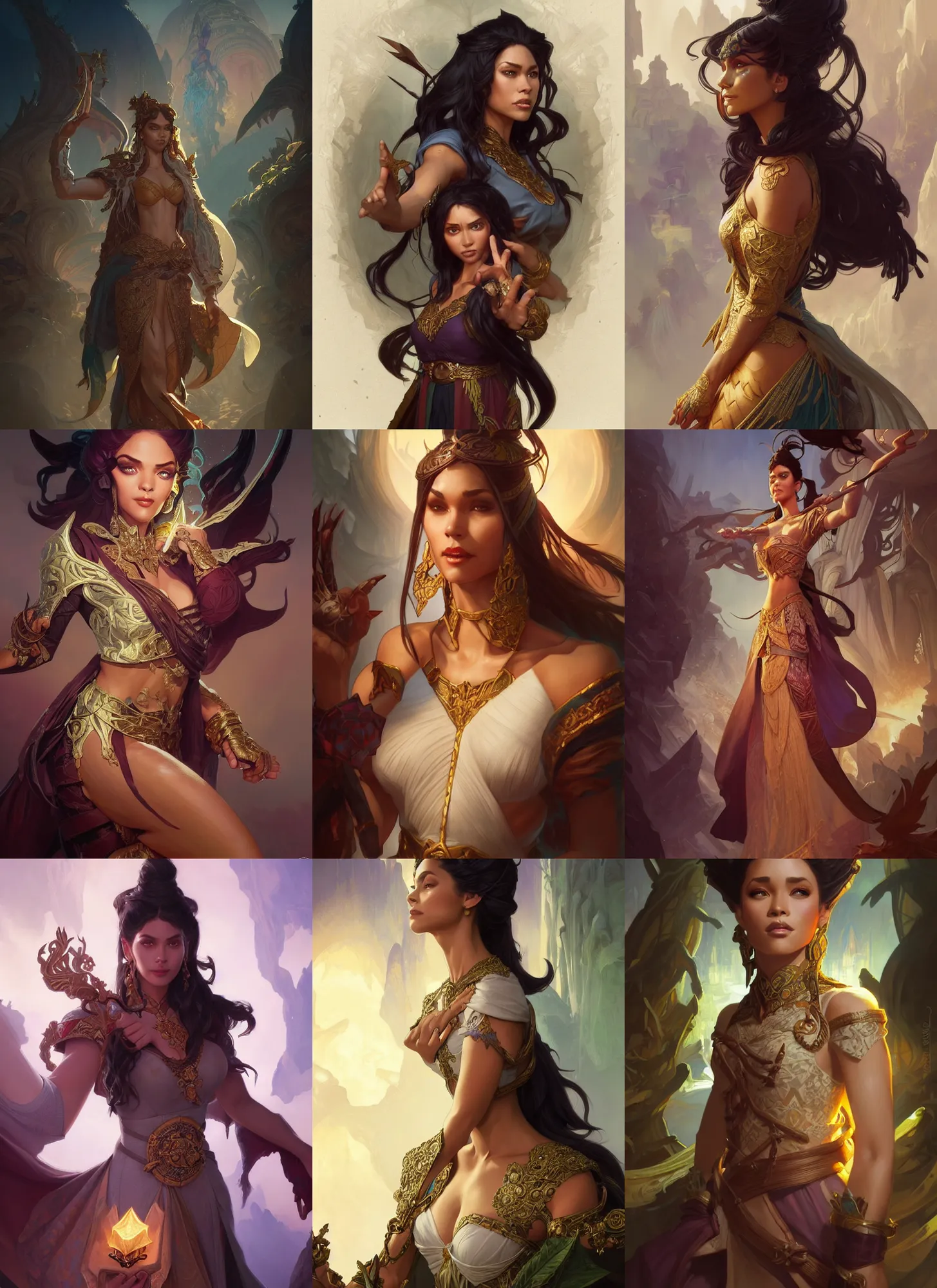 Prompt: characters from encanto combined with raya and the last dragon, fantasy, intricate, elegant, highly detailed, digital painting, artstation, concept art, matte, sharp focus, illustration, hearthstone, art by artgerm and greg rutkowski and alphonse mucha