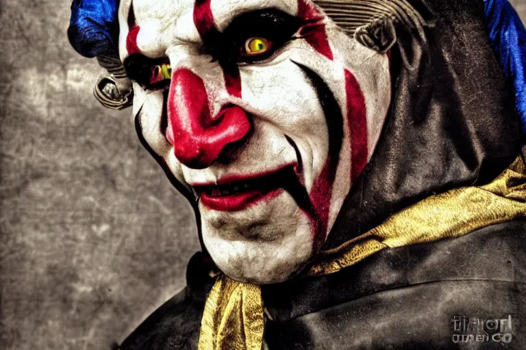 Image similar to medieval jester, sinister, photograph, portrait,