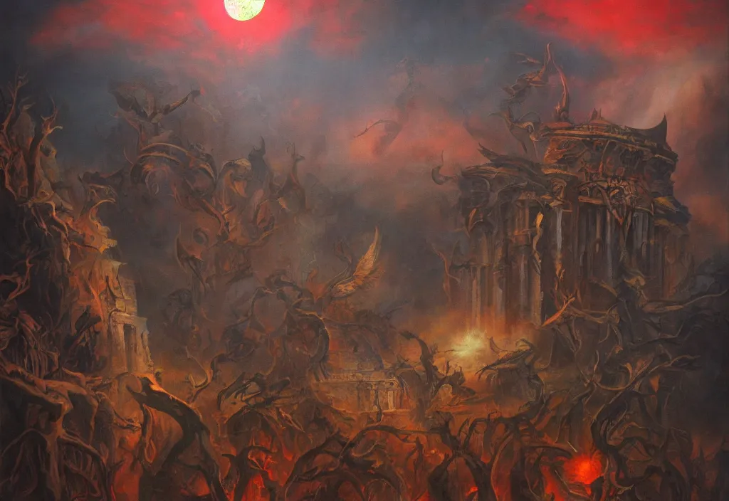 Image similar to shadow of the tyrant Sun above the ruins of the old kingdom red sun dead sky necromantic solar mythos, award winning oil painting, solar mythos palette