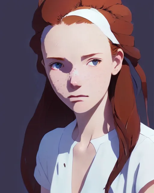 Prompt: young southern woman, freckle, ginger hair, sad cerulean eyes, simple cream dress, detailed perfect face, exquisite details, mid view, design on a white background, by studio muti, greg rutkowski makoto shinkai takashi takeuchi studio ghibli