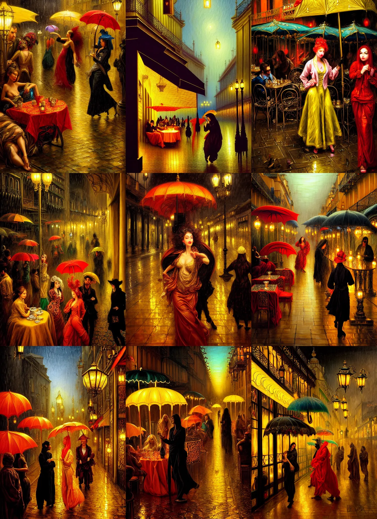 Prompt: Neo Rococo Expressionist, orientalism, diffuse lighting, fantasy, intricate, elegant, highly detailed, lifelike, photorealistic, digital painting, artstation, illustration, concept art, smooth, sharp focus, The Great city of lisbon raining at night cafe is serving customers at night and people are waiting in umbrellas, art by John Collier and Albert Aublet and Krenz Cushart and Artem Demura and Alphonse Mucha
