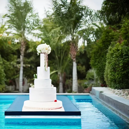 Image similar to wedding cake made of concrete swimming in a pool with kois in it, ladies standing on the edge of the pool, high quality, photo