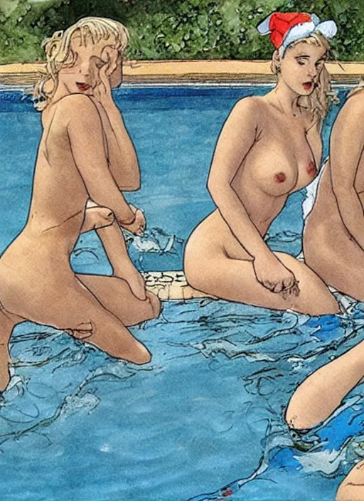 Prompt: girls having fun in the swimming pool, illustration by Milo Manara