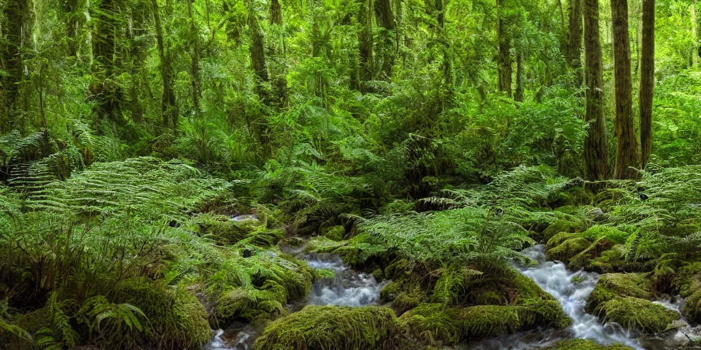 Image similar to a beautiful fern forest with a creek and redwoods and dappled light