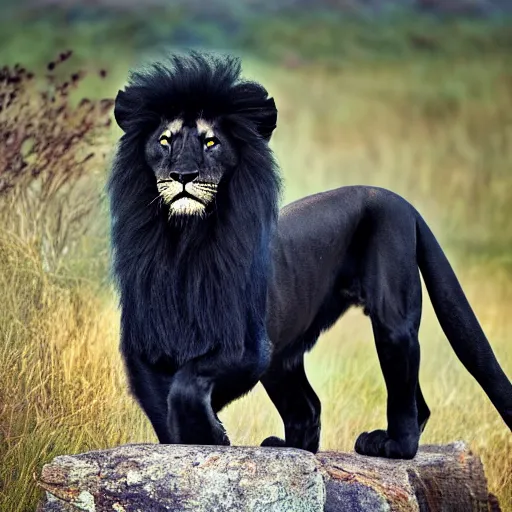 Image similar to professional photograph of a majestic black lion, high quality, highly detailed, award-winning, HD, 8K, awe-inspiring