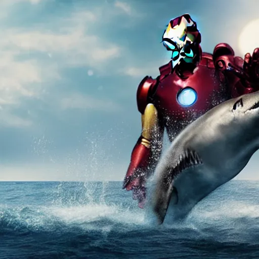 Prompt: film still of iron man in the shape of shark in the movie jaws, photography, trailer, 4 k