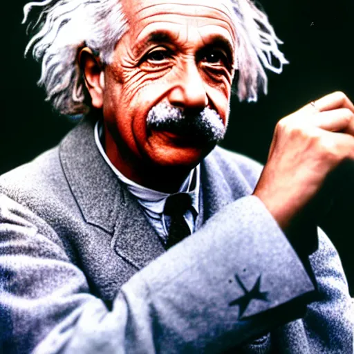 Prompt: photo in color of albert einstein with a microphone on a stage in a rap battle. highly detailed, 8 k, photorealistic.