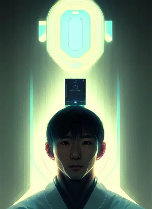 Image similar to symmetry!! portrait of japanese man, tech wear, glowing lights!! intricate, cyberpunk, elegant, highly detailed, digital painting, artstation, concept art, smooth, sharp focus, illustration, art by artgerm and greg rutkowski and alphonse mucha