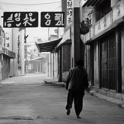 Image similar to 1950s Korean thriller film noir, a view of Shin Sang-ok in the middle of an empty scene, 35mm film, Cooke Varotal 20-100 T3.1