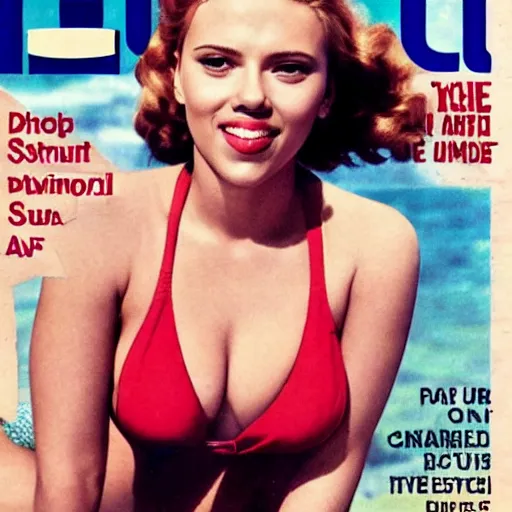 Prompt: Scarlett Johansson on the cover of Swimsuit Illustrated (1940)