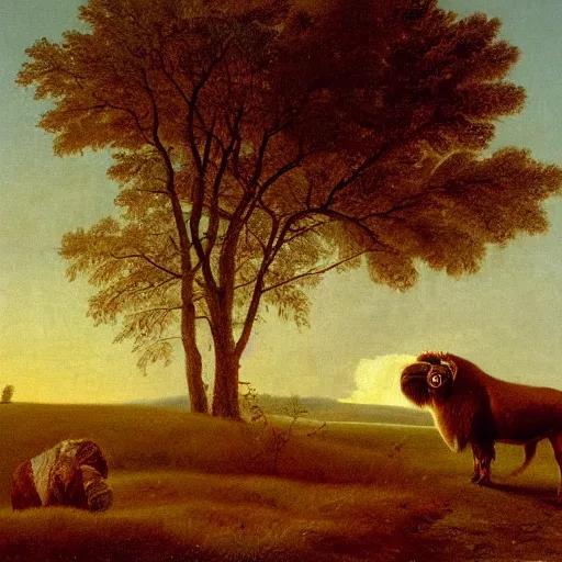 Prompt: oil painting by george stubbs of a musk ox and a man in a meadow at sunset.