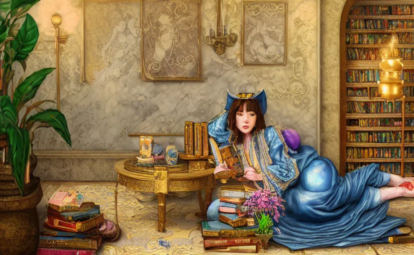 Prompt: a detailed fantasy pastel portrait of a wizard student in ornate clothing lounging on a purpur pillow on the marble floor in front of her bookcase in a room, studying an ancient tome. to the side is a potted plant and some blue candles. ancient retrofuturistic setting. 4 k hyperrealism key art, raytracing in the style yoshitaka amano and rembrandt.