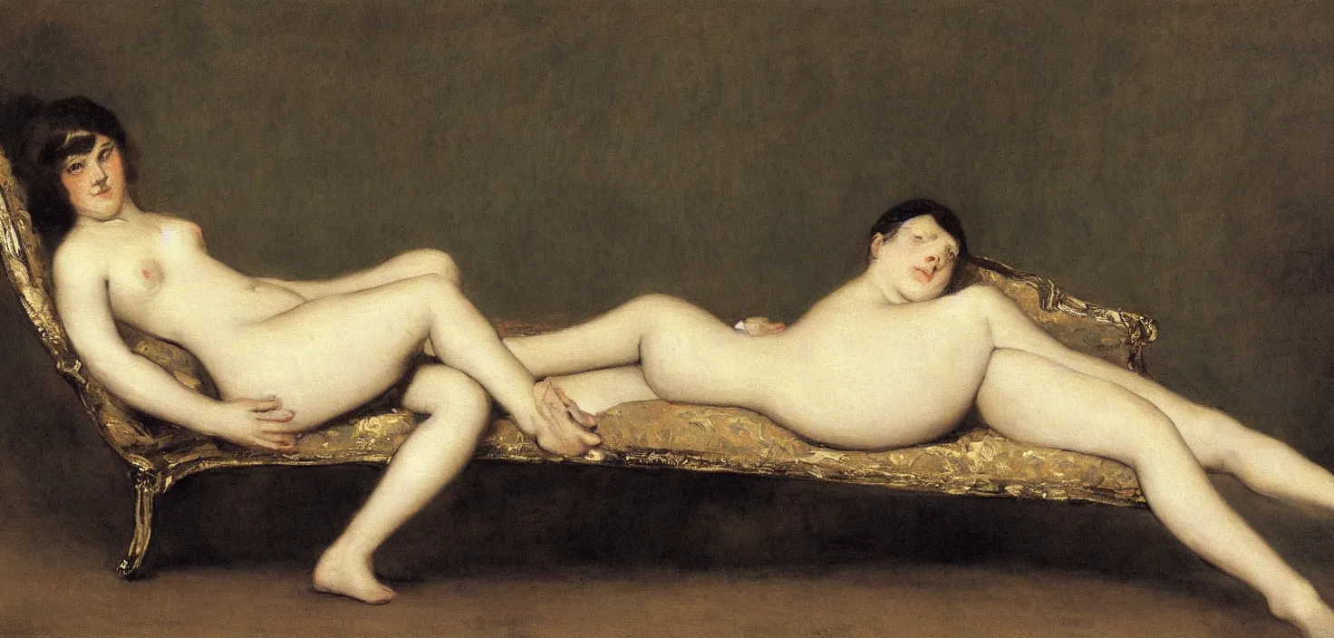Image similar to an intimate painting of a young french woman on a chaise lounge by gustave courbet & francisco goya, oil painting, intimate, beautiful, calm serene, soft edges