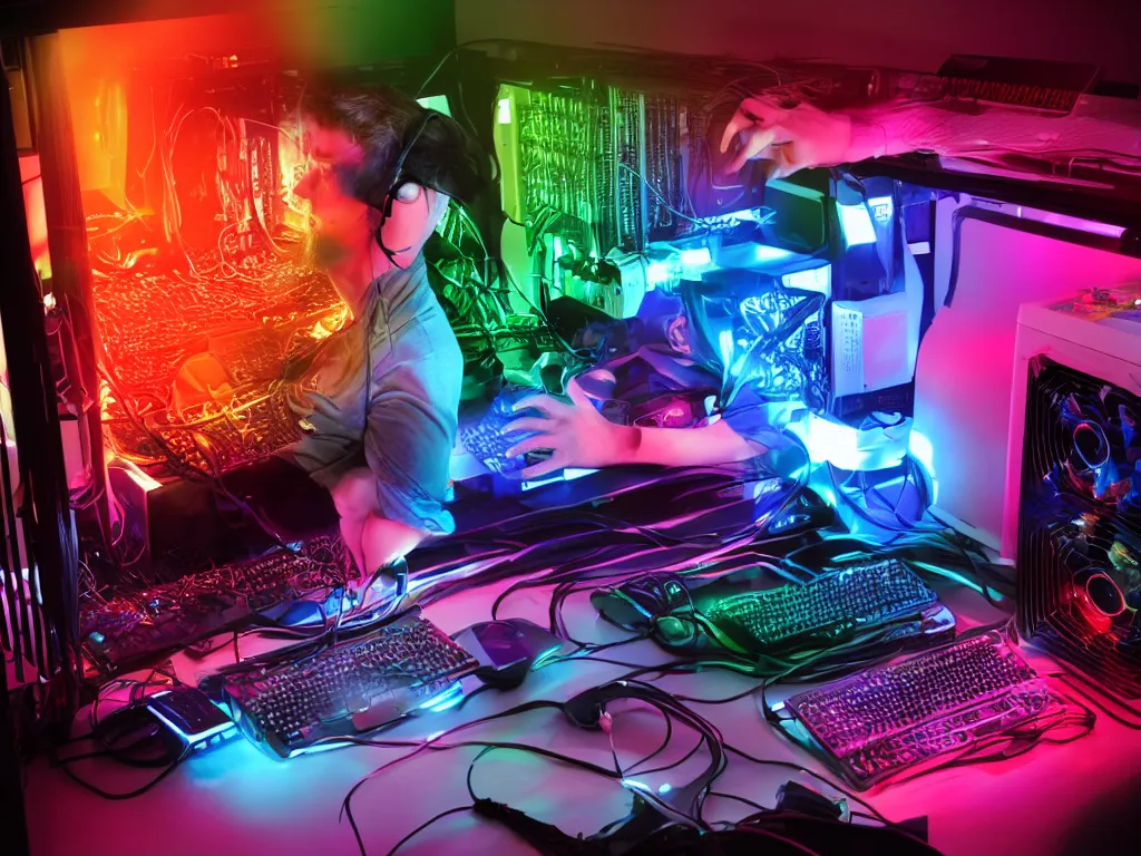 Image similar to in programmers heaven, a person in love with a computer sits in a rgb backlit environment, computer cooling equipment, pc fans, graphic cards, cables