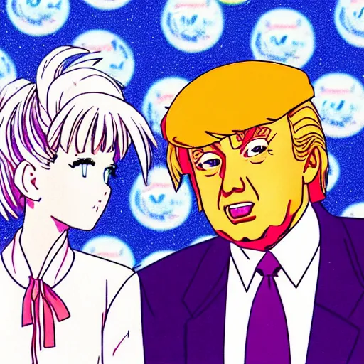 Image similar to ivanka and donald trump, sprite, vaporwave nostalgia, directed by beat takeshi, visual novel cg, 8 0 s anime vibe, kimagure orange road, maison ikkoku, sketch by akira toriyama