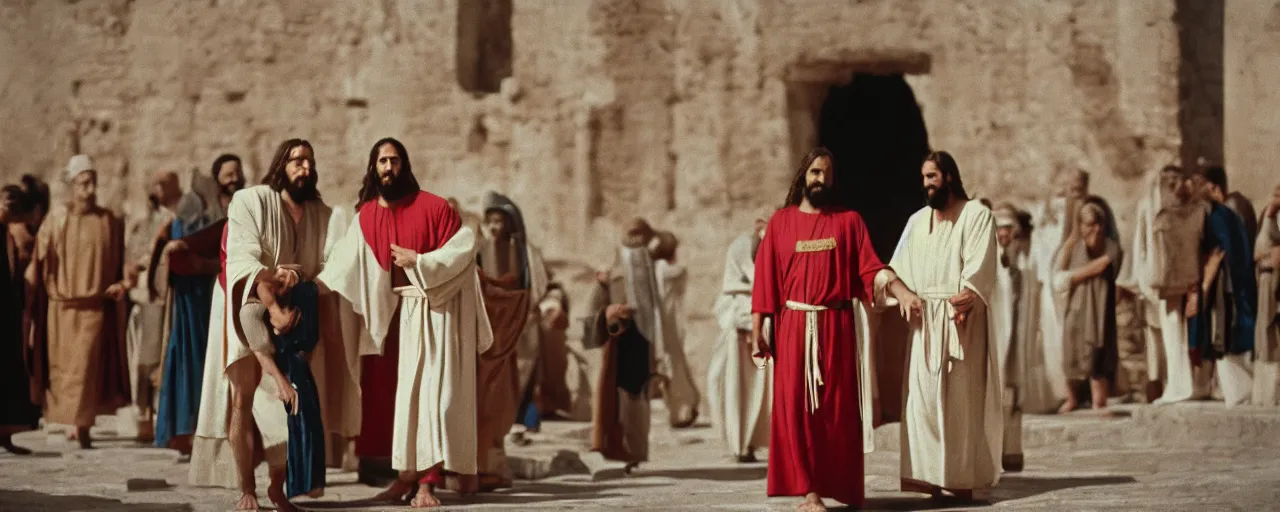 Image similar to jesus being taken to the cross wearing a spaghetti robe, ancient rome, architectural, minimal, canon 5 0 mm, wes anderson film, kodachrome, retro