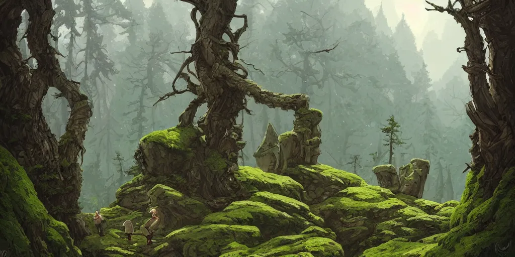 Image similar to a lonely forest background in transylvania, rocks, dead trees, a castle in the background, moss, in the style of studio ghibli, j. c. leyendecker, greg rutkowski, artgerm