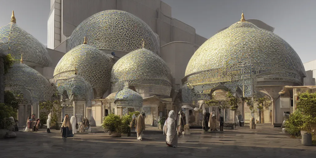 Image similar to Photorealistic solarpunk mosque in Tokyo, with great domes and arches, harmony with nature, people and androids wearing traditional japanese clothing. Hyperdetailed photorealism, UHD, amazing depth, glowing rich colors, golden ration, 3D octane cycle unreal engine 5, 3d shading, cinematic lighting, artstation concept art