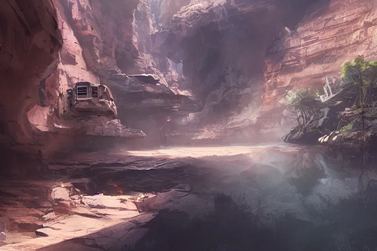 Image similar to a busy science - fiction base hidden in a canyon, river, morning, james paick, artstation