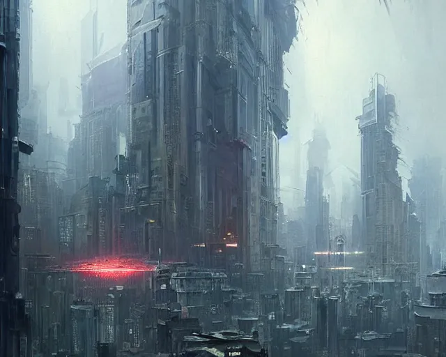 Image similar to great city being watched over by an all-seeing malevolent AI, a sci-fi digital painting by Greg Rutkowski and James Gurney, trending on Artstation, eerily beautiful, highly detailed