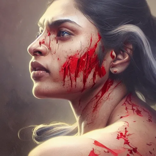 Image similar to portrait painting of a muscular bloodied indian girl thick, ultra realistic, concept art, intricate details, eerie, highly detailed, photorealistic, octane render, 8 k, unreal engine. art by artgerm and greg rutkowski and alphonse mucha