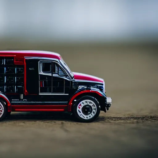 Prompt: macro photo of a miniature ho scale tesla cybertruck, taken with canon 8 0 d, canon 1 0 0 mm f / 2. 8