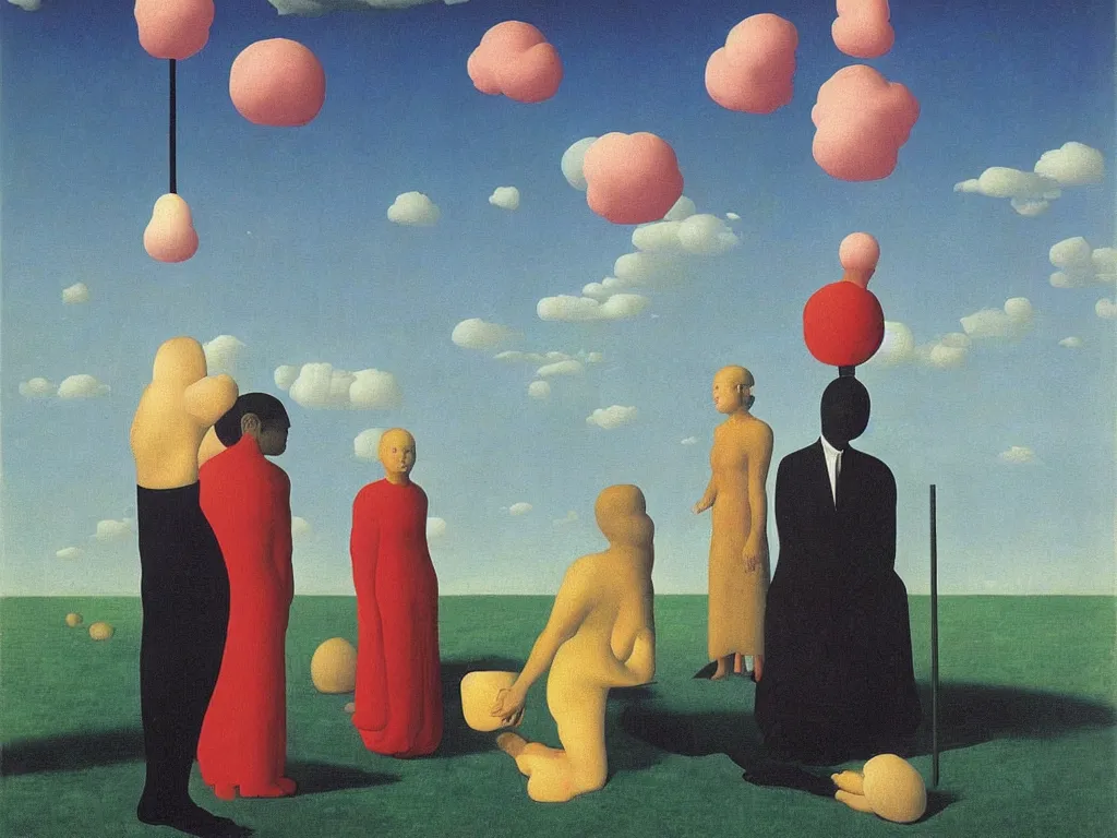 Image similar to cosmic lollipop with man and woman in meditation. painting by rene magritte, jan van eyck, max ernst, paul delvaux
