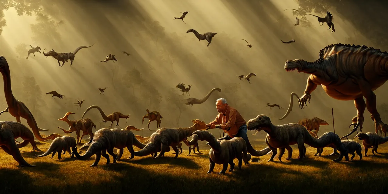 Prompt: old man sitting on wood chair and herding a herd of small dinosaurs in an alternate prehistoric past, in steam punk style, very high details, raytracing, back light, raymarching, by ilm, by digital domain, by weta digital