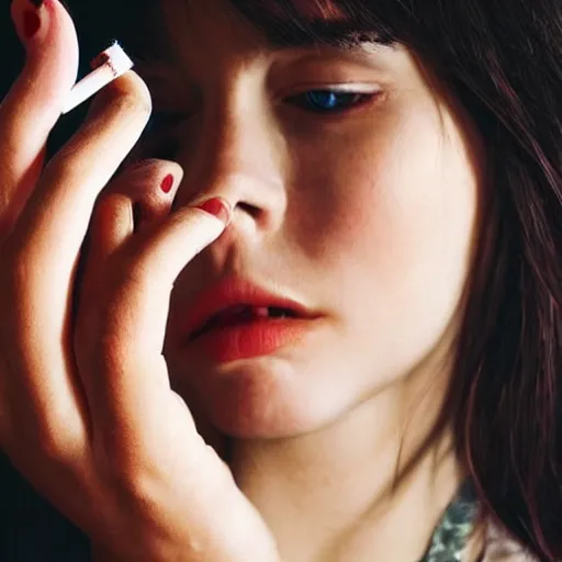 Image similar to Very very very very detailed, very very very very realistic artistic art of woman hand that holding cigarette between her fingers, by very very very very talented artist in very very very very aesthetic photorealism style