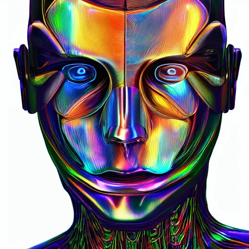 Prompt: a photorealistic digital art drawing of a colorful humanoid synthetic silicon robot with human features, long hair, dimples and a strong jawline staring at its own reflection in a mirror high resolution detailed organic lifelike