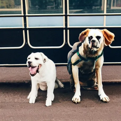 Image similar to a photo of two dogs sitting in front of the bus, hd award winning photograph, high detailed, 2001 style