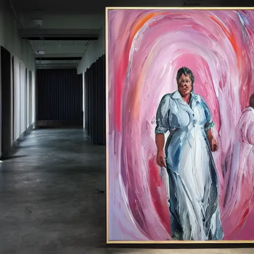 Image similar to _ in _ these _ paintings _ we _ see _ a _ big and tall _ woman _ who _ seem _ to _ be _ walking _ in _ circles in a busy void space, 4 k, in the style of ben quilty, hyper realism, minimal pink palette, medium shot, oil paint with thick brushstrokes of paint, impasto, detailed,