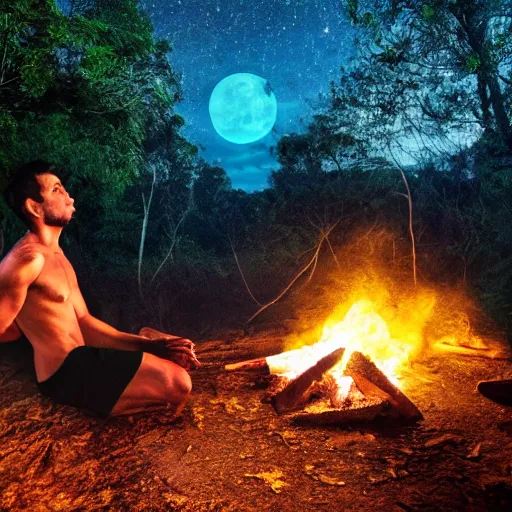 Image similar to spartan doing ayahuasca ritual at camp fire, jungle background, full moon with stars, hyper realistic award winning photographic portrait, dramatic cinematic lighting