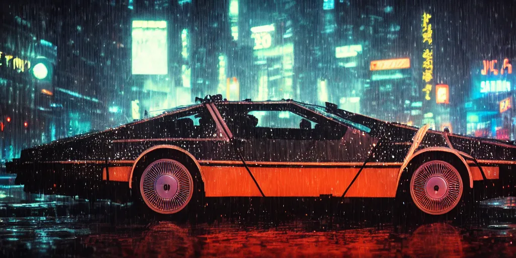 Image similar to close up macro shot of a delorean car on wet tokyo street at night, intricate, hyper detailed, smooth, high contrast, neon, volumetric lighting, octane, moebius, greg rutkowski, blade runner, ridley scott, cinematic