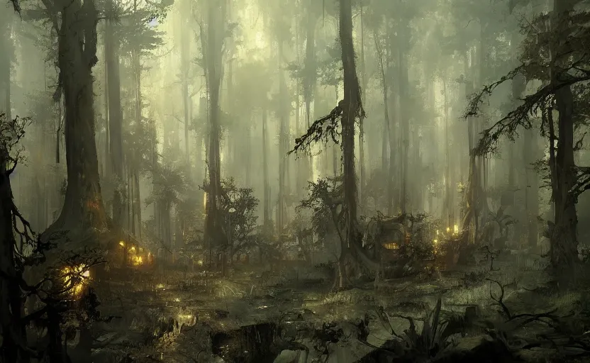 Prompt: painting of a forest dungeon by greg rutkowski and Craig Mullins, Dark atmospheric and cinematic lighting