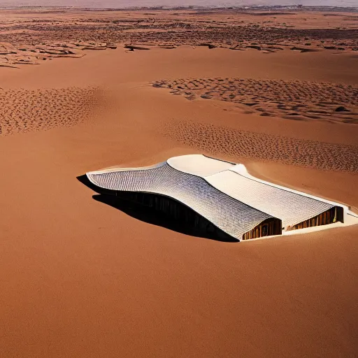 Image similar to A house designed by Norman Foster in the middle of the sahara desert. Aerial View. Film Grain, cinematic. Brown sand. Full color. Magic Hour.