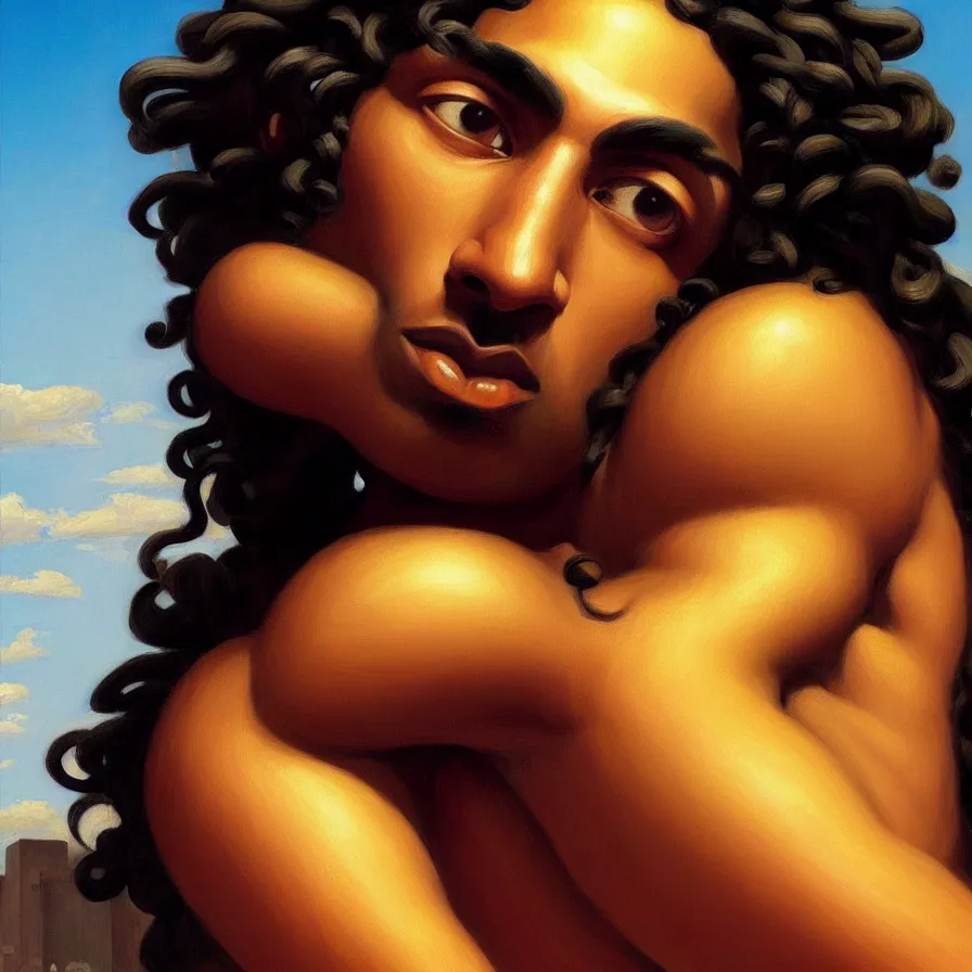 Prompt: a beautiful closeup of a dark - skinned greek god apollo with very long curly hair and thin eyebrows, digital art by edward hopper, vibrant color scheme, highly detailed, in the style of romanticism, fine art, great lighting, 8 k resolution, clear eyes, soft lighting, soft details, painting oil on canvas, octane render, hdr, trending on artstation