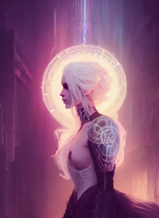 Image similar to a beautiful white haired pyromancer princess, intricate concept art, ethereal, ominous, mysterious, enchanted, magic, dramatic lighting, illuminated lines, outrun, vaporware, illuminated runes, cyberpunk darksynth, dark background, 8 k, by ruan jia and krenz cushart and alphonse mucha