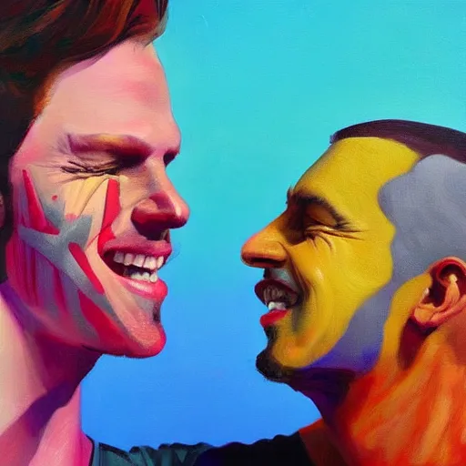 Image similar to landscape, portrait beautiful painting, two men with scarred faces smiling happily while high - fived. fine art, bright colors, trending on artstation, smooth draw, sharp focus, digital art.