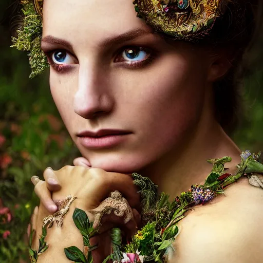 Prompt: portrait of a beautiful enchanted pagan female, depth of field, zeiss lens, detailed, symmetrical, centered, by annie leibovitz and steve mccurry, david lazar, jimmy nelsson, alphonse mucha, klimt, breathtaking, 8 k resolution, extremely detailed, beautiful, establishing shot, artistic, hyperrealistic, beautiful face, octane render